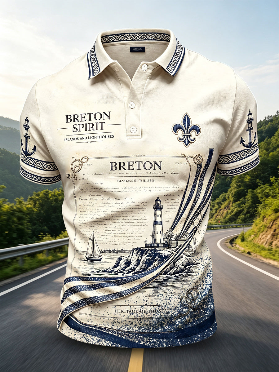 Polo décontracté pour homme, style breton vintage, imprimé ethnique