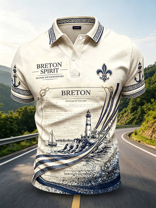 Polo décontracté pour homme, style breton vintage, imprimé ethnique