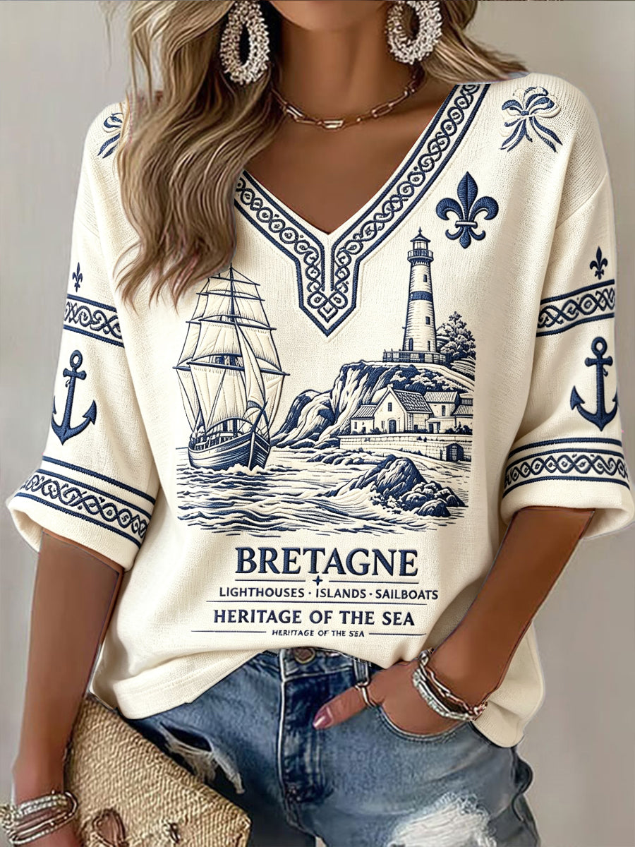 T-shirt décontracté pour femme, style vintage beige à motif port breton français, col en V