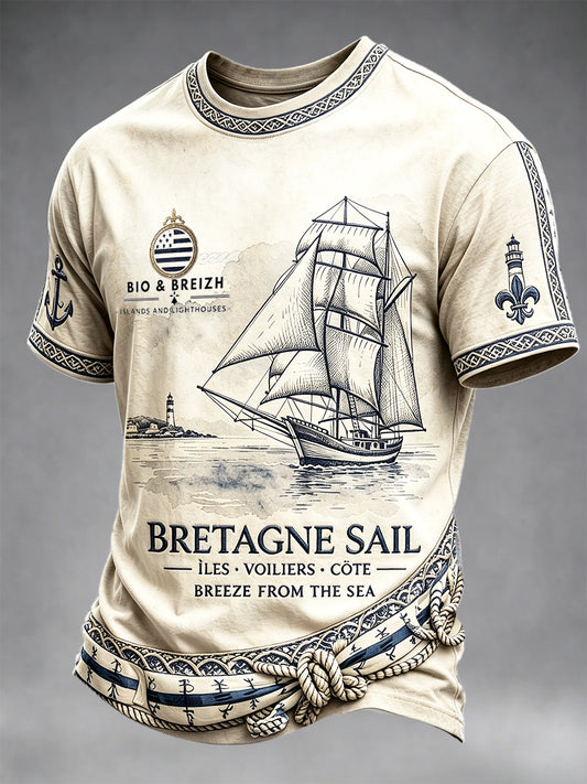 T-shirt décontracté pour homme, style vintage, motif voilier breton français
