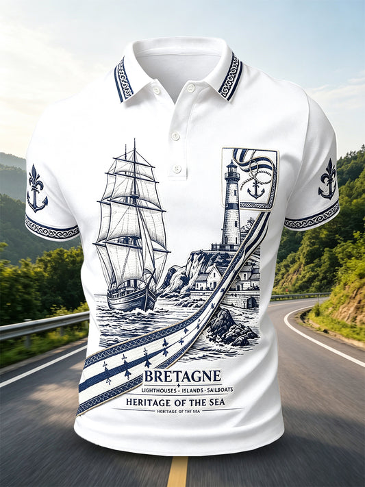 Polo décontracté blanc pour homme à imprimé port breton