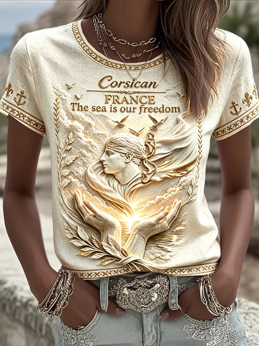 T-shirt décontracté vintage pour femme, blanc cassé, imprimé 3D français corse