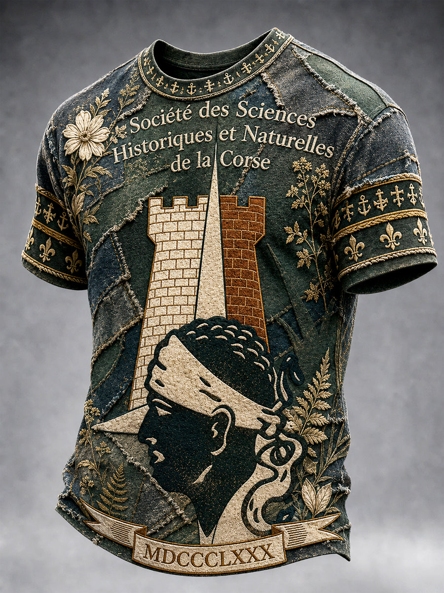T-shirt décontracté pour homme, style rétro, en patchwork vert à imprimé corse