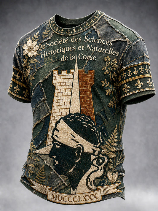 T-shirt décontracté pour homme, style rétro, en patchwork vert à imprimé corse
