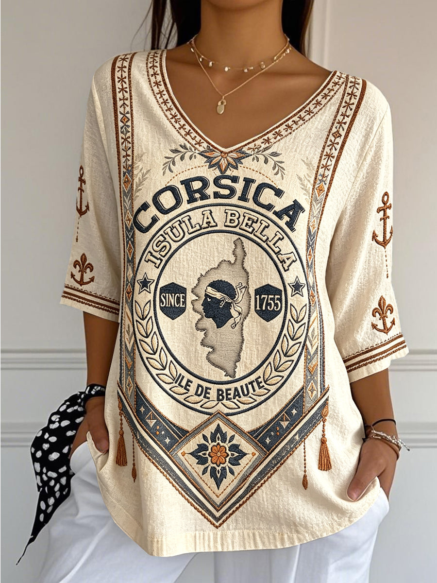 T-shirt femme rétro blanc cassé à imprimé français corse, décontracté et tendance, en coton-lin, col en V