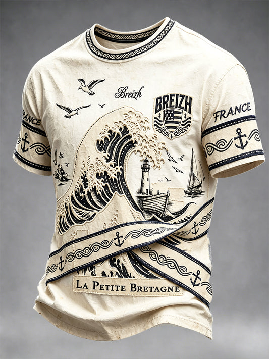T-shirt décontracté pour homme, style vintage beige, motif marin breton français