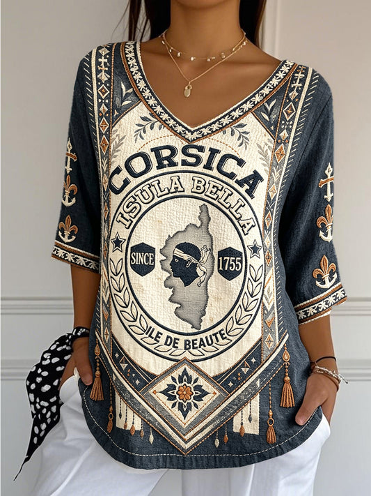 T-shirt décontracté et tendance pour femme, style vintage, gris foncé, imprimé corse, en coton-lin, col en V