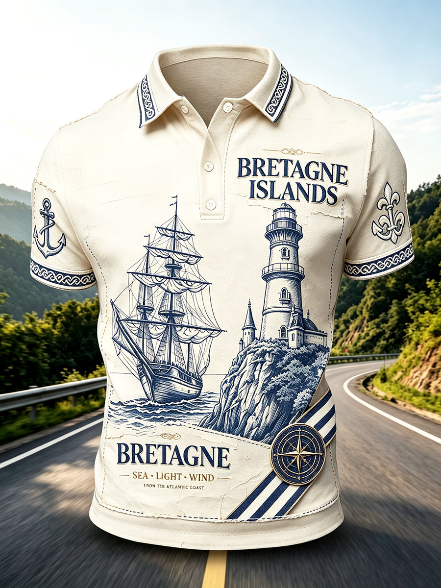 Polo décontracté pour homme, imprimé phare breton français vintage