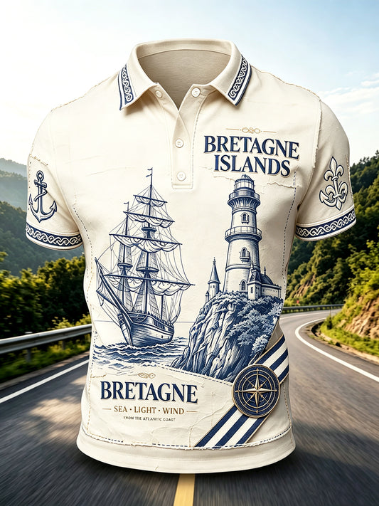 Polo décontracté pour homme, imprimé phare breton français vintage