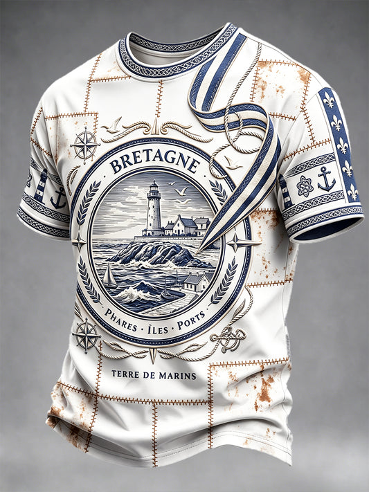 T-shirt décontracté pour homme, style vintage, motif patchwork représentant un phare de Bretagne, France
