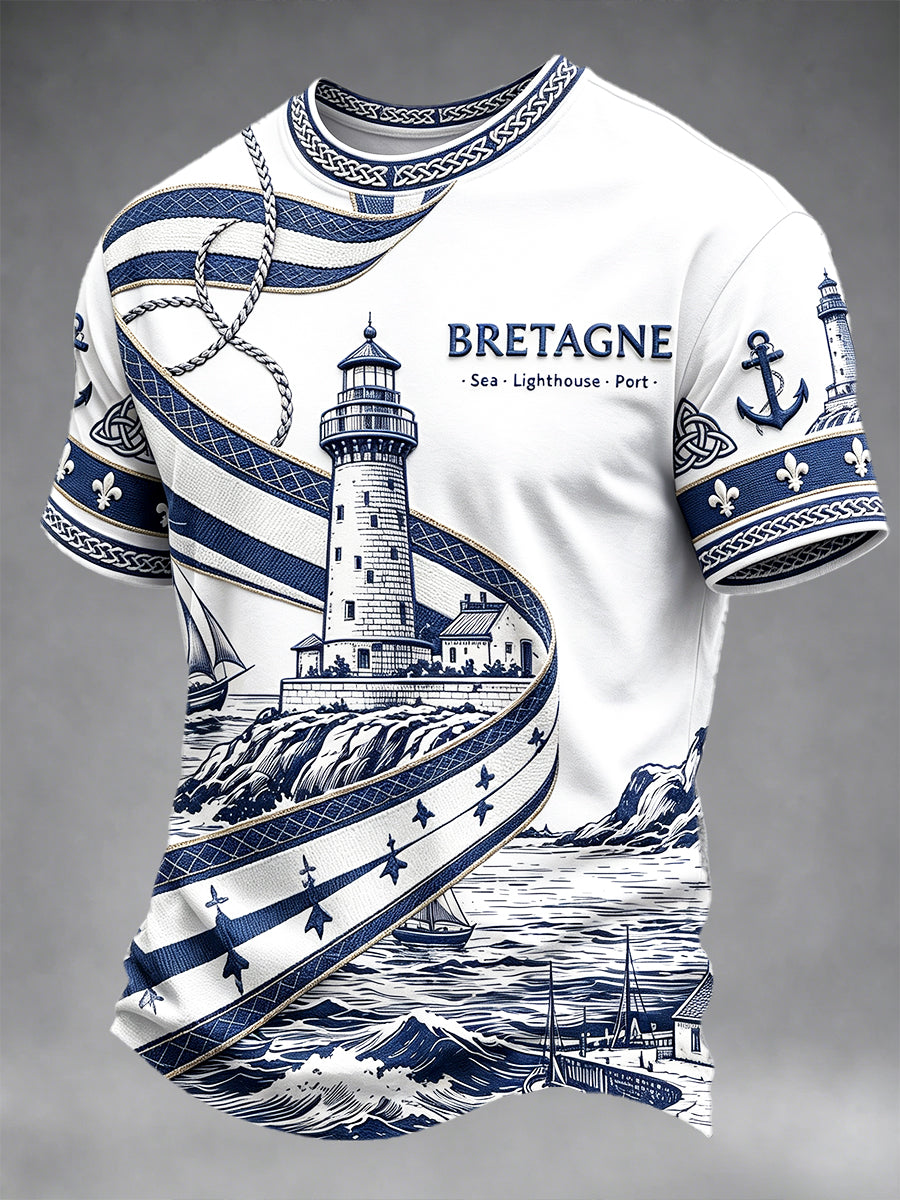 T-shirt décontracté blanc pour homme, imprimé phare, style breton