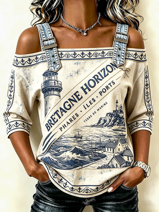 T-shirt décontracté d’été cool sans bretelles pour femme, imprimé phare de Bretagne, France