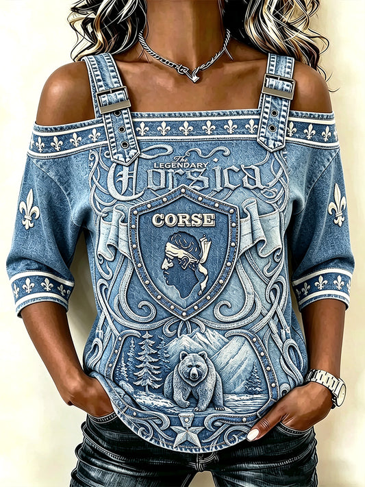 T-shirt femme français corse à imprimé 3D effet denim, décontracté et tendance, avec bretelles spaghetti