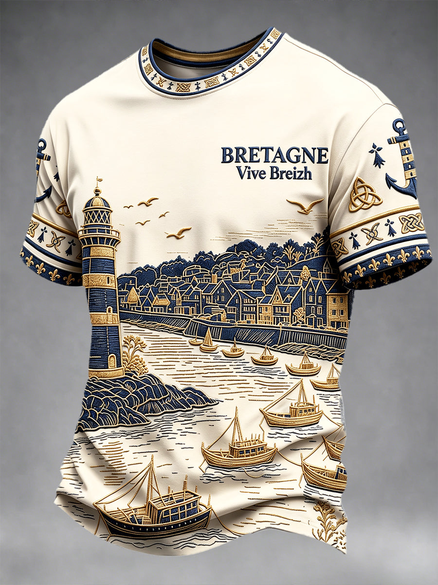 T-shirt décontracté vintage beige pour homme, motif port breton français