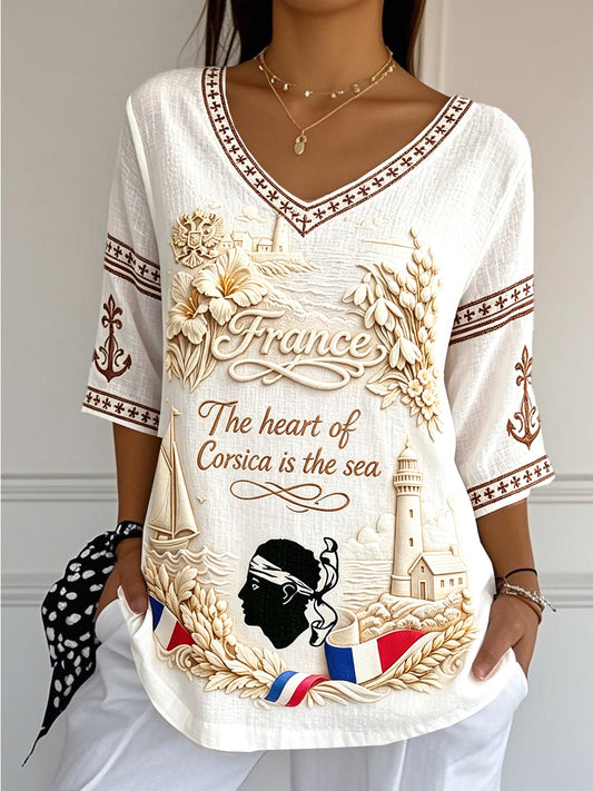 T-shirt d’été léger en coton-lin pour femme, imprimé vintage corse, col en V