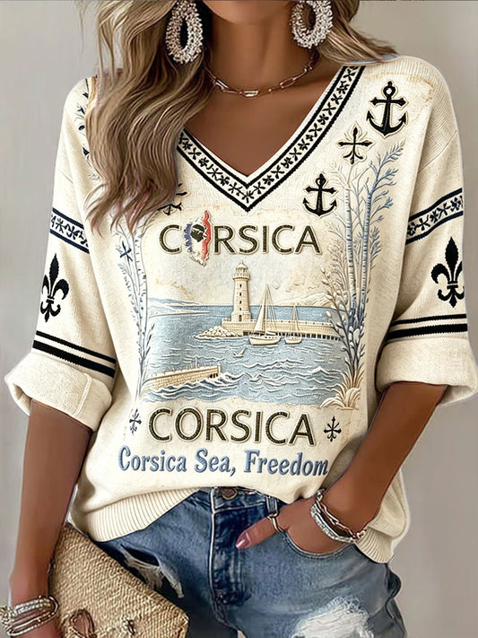 T-shirt décontracté à col en V pour femme, imprimé bord de mer corse