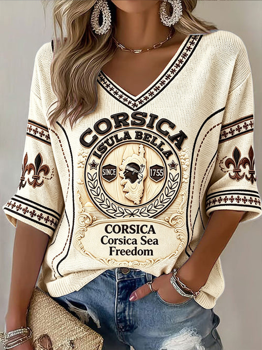 T-shirt décontracté à col en V pour femme, style vintage français corse, imprimé 3D