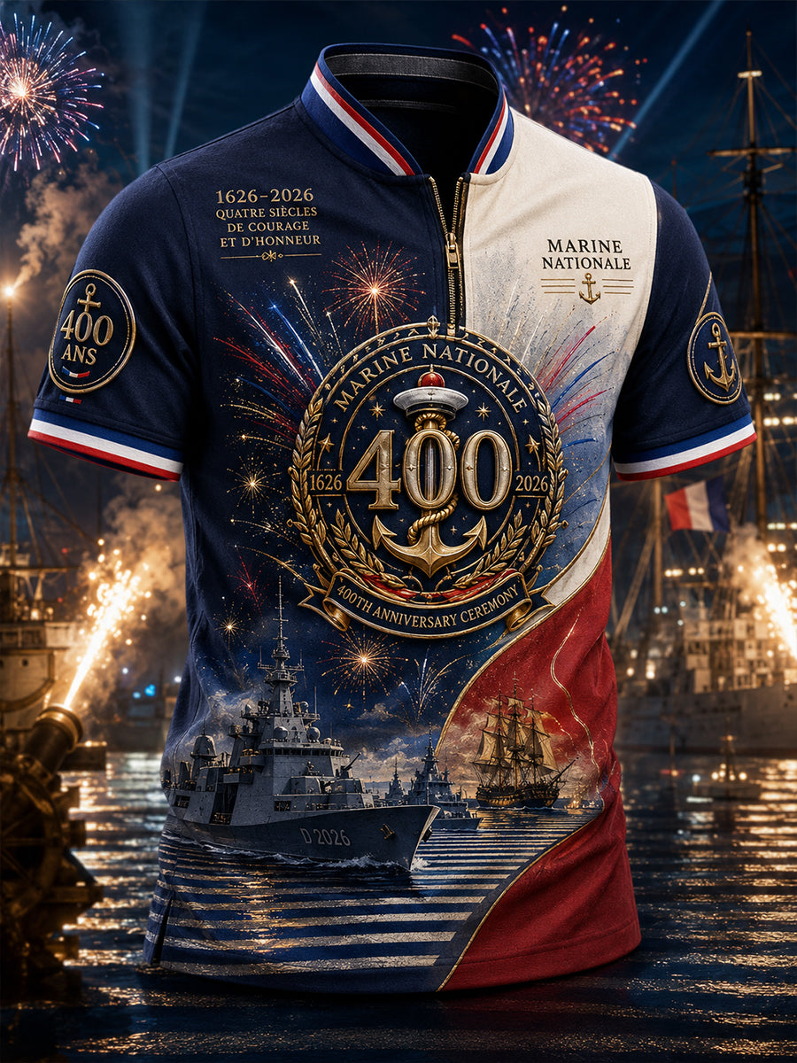 T-shirt manches courtes à fermeture éclair pour homme, marine français