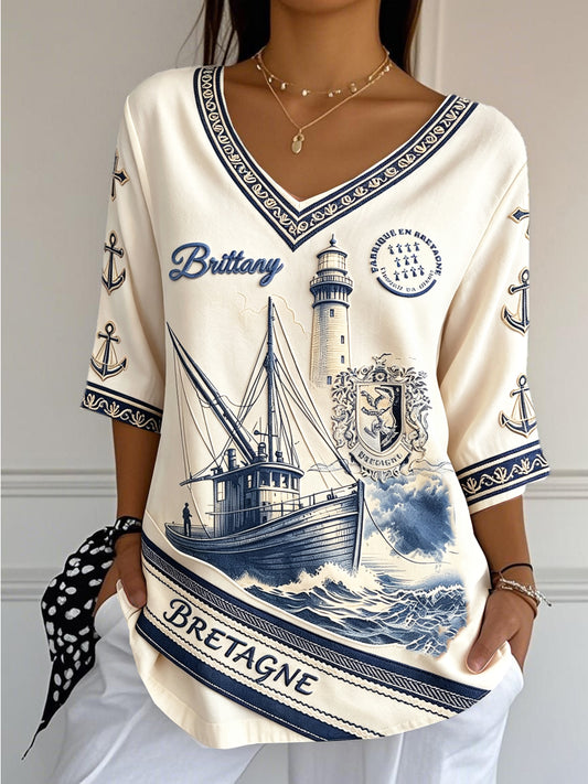 T-shirt femme décontracté au style rétro, en coton-lin, col en V, imprimé Bretagne française