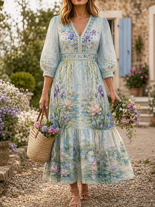 Femmes Français Aquarelle Floral Art Casual Coton-Lin Robe