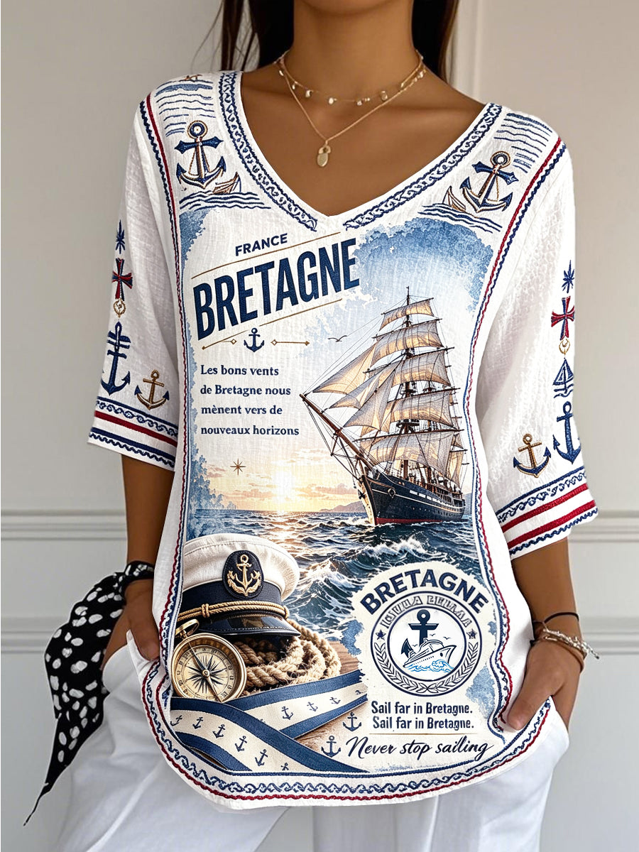 T-shirt femme blanc en coton-lin, col en V, à imprimé breton français, décontracté et tendance