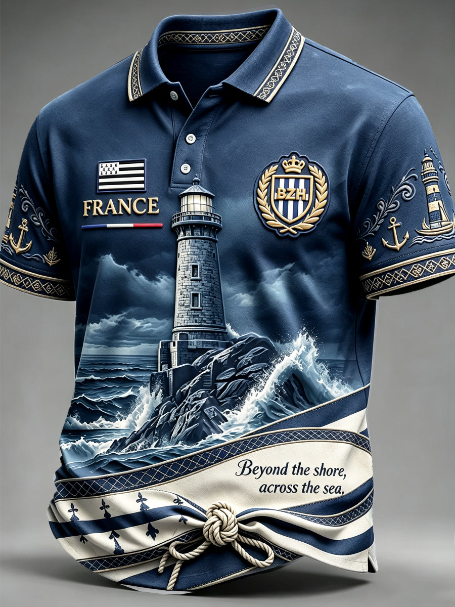 Polo décontracté pour homme, bleu foncé, à imprimé marin