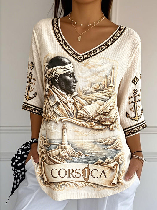 T-shirt femme col en V décontracté et tendance en coton-lin, blanc cassé, imprimé 3D français corse