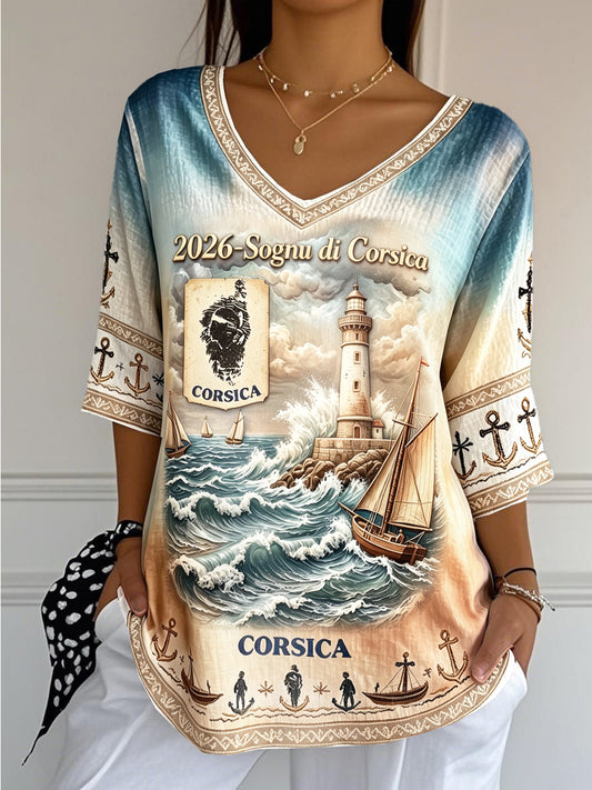 T-shirt décontracté et tendance pour femme, en coton-lin, col en V, imprimé dégradé rétro français corse