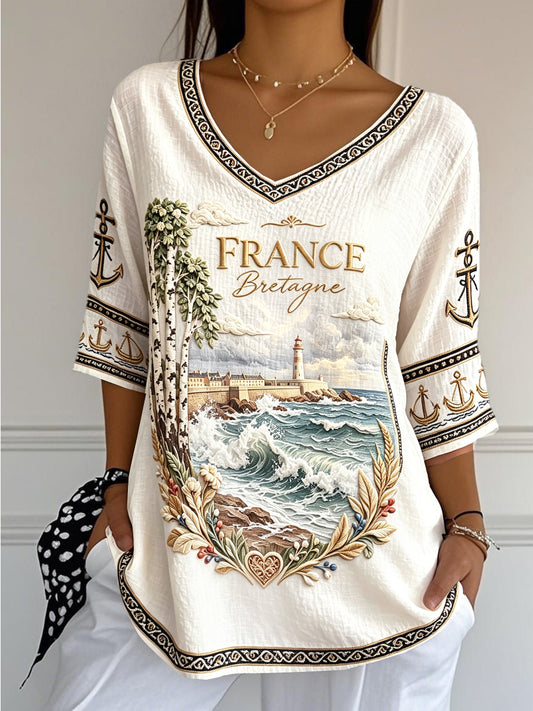 T-shirt décontracté et tendance pour femme, en coton-lin, à col V, orné d’un imprimé illustré d’inspiration bretonne