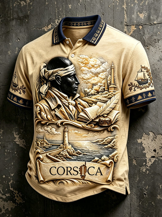 Polo vintage décontracté pour homme, imprimé gaufré à motif corse