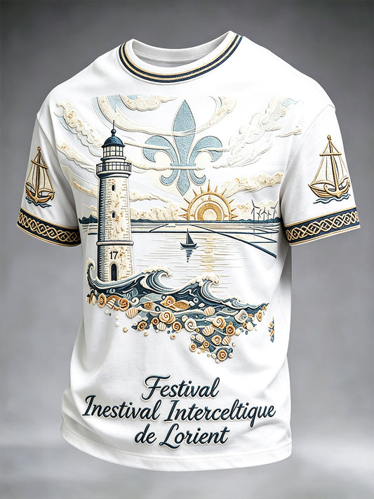 T-shirt décontracté pour homme, blanc, imprimé du Festival international celtique de Lorient, Bretagne française