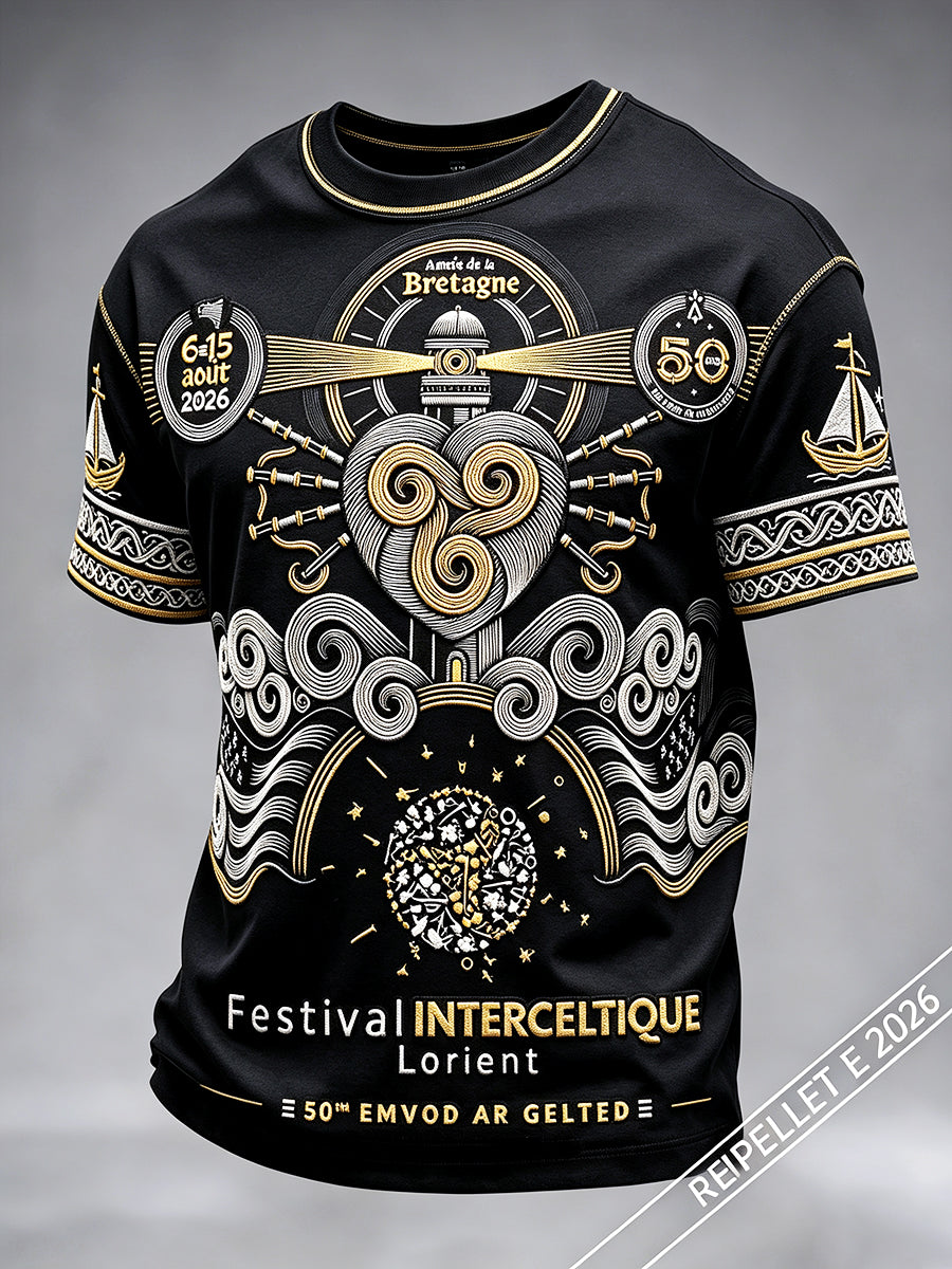 T-shirt décontracté pour homme, noir, imprimé du Festival international celtique de Brest‑Lorient