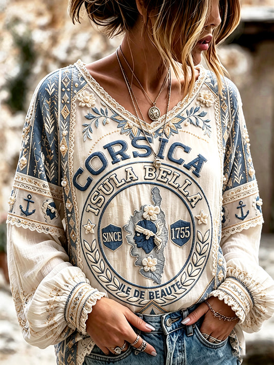 T-shirt estival décontracté et élégant en coton-lin, à col V, imprimé patchwork corse, pour femme