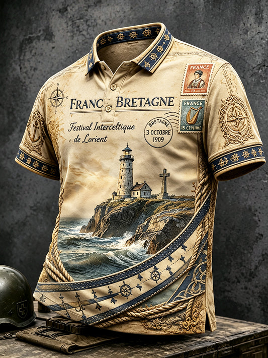 Polo décontracté vintage pour homme, imprimé phare, Festival celtique de Lorient, France