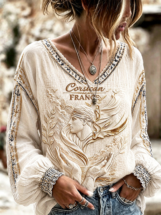 T-shirt femme blanc cassé à imprimé français corse, élégant et décontracté, en coton-lin, col en V, pour l’été