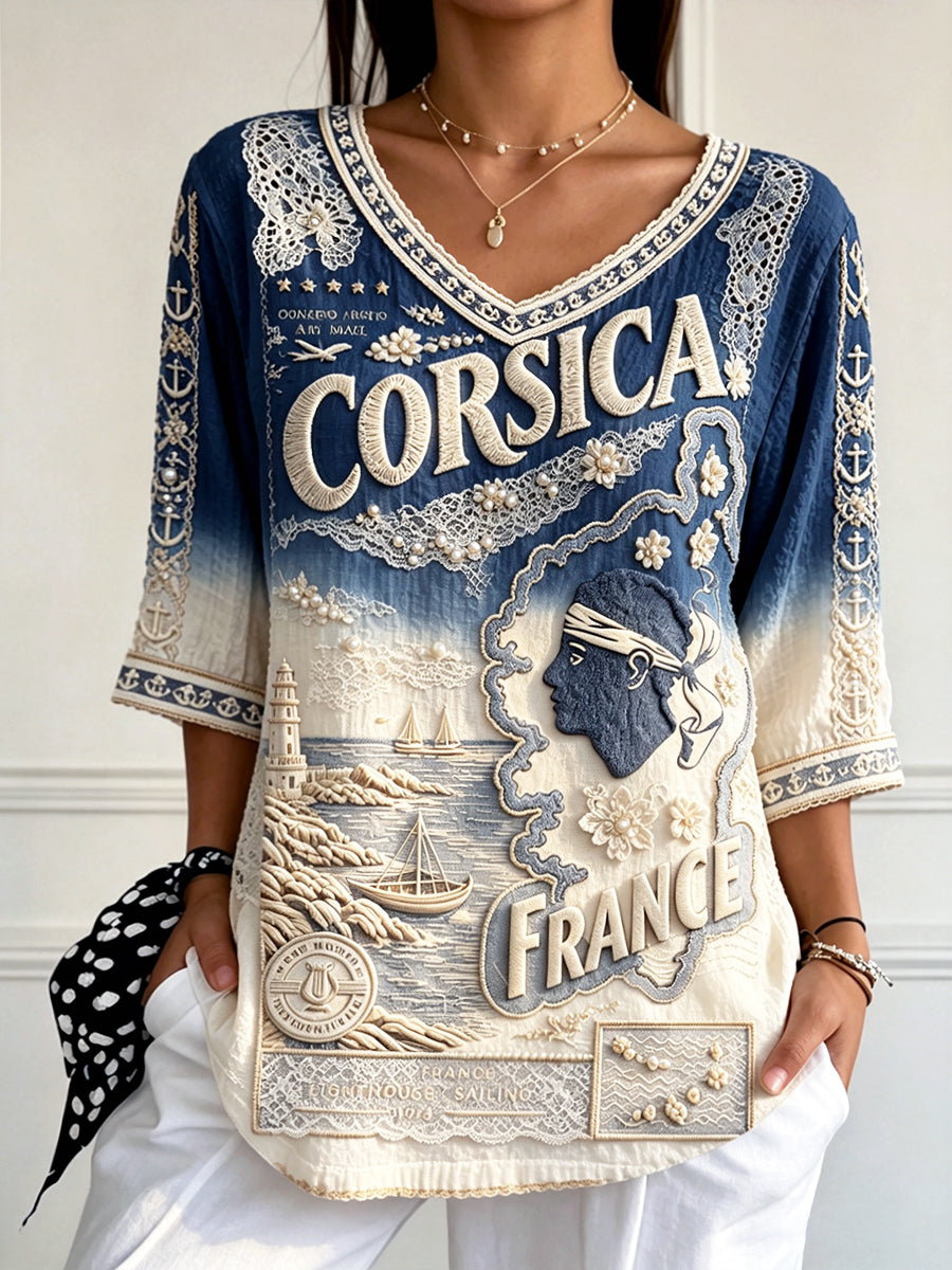 T-shirt d’été décontracté pour femme en coton-lin, col en V, imprimé dégradé à motifs français et corse