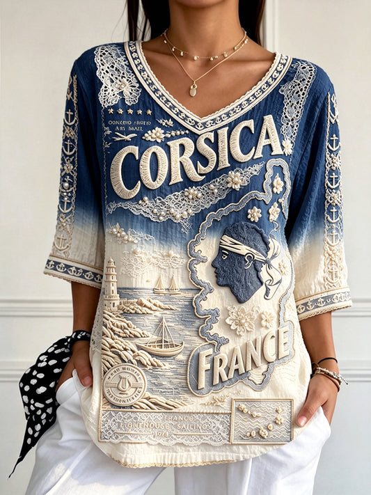 T-shirt d’été décontracté pour femme en coton-lin, col en V, imprimé dégradé à motifs français et corse