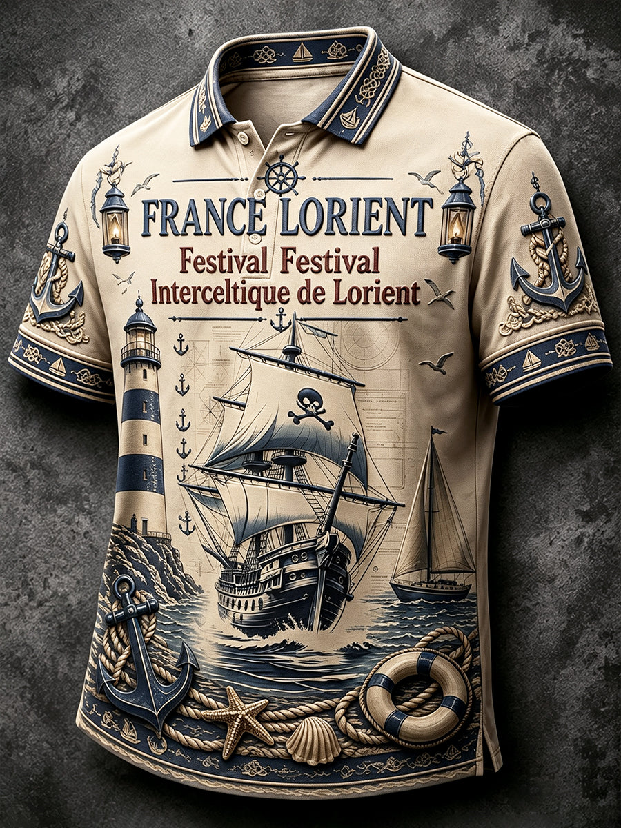 Polo décontracté pour homme, imprimé nautique rétro, festival celtique de Lorient, France