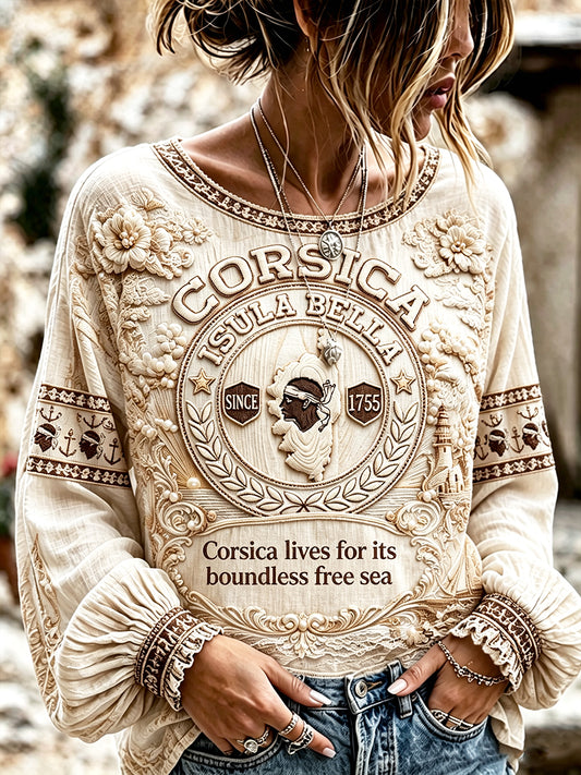 T-shirt estival décontracté en coton et lin pour femme, imprimé vintage corse