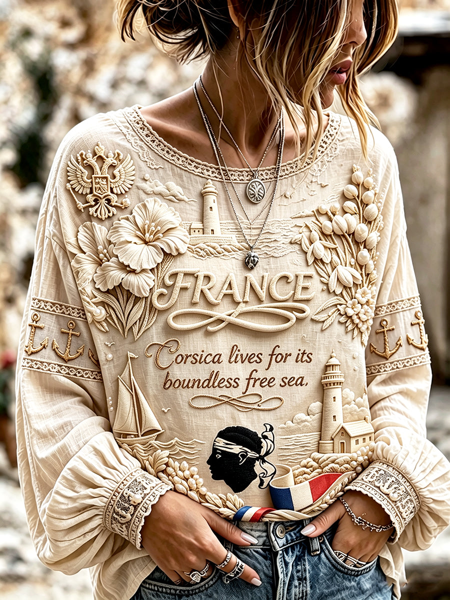 T-shirt femme blanc cassé en coton-lin, décontracté, estival, imprimé 3D français corse