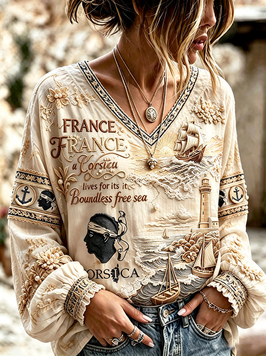 T-shirt estival élégant et décontracté pour femme, en coton-lin, à col V, imprimé nautique corse français