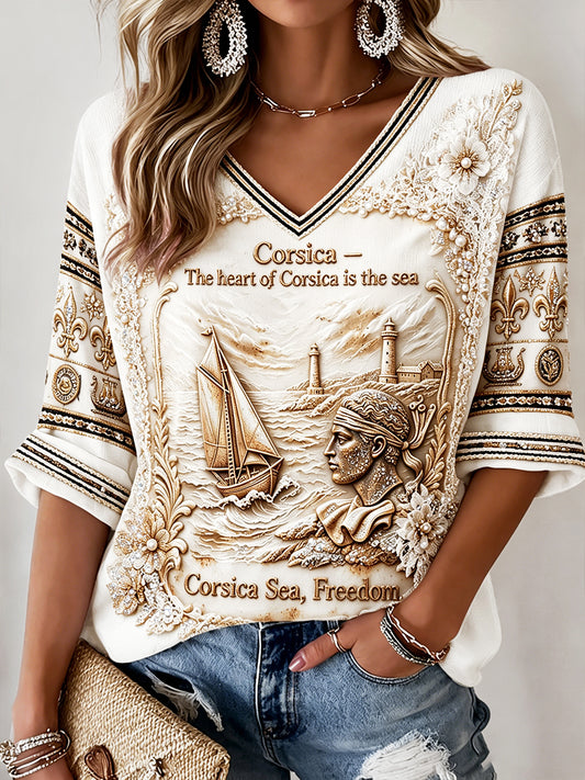T-shirt décontracté à col en V imprimé français corse pour homme