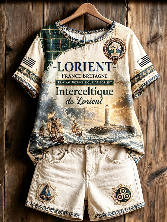 T-shirt léger en coton et lin pour femmes French Lorient Celtic Festival Patchwork Print
