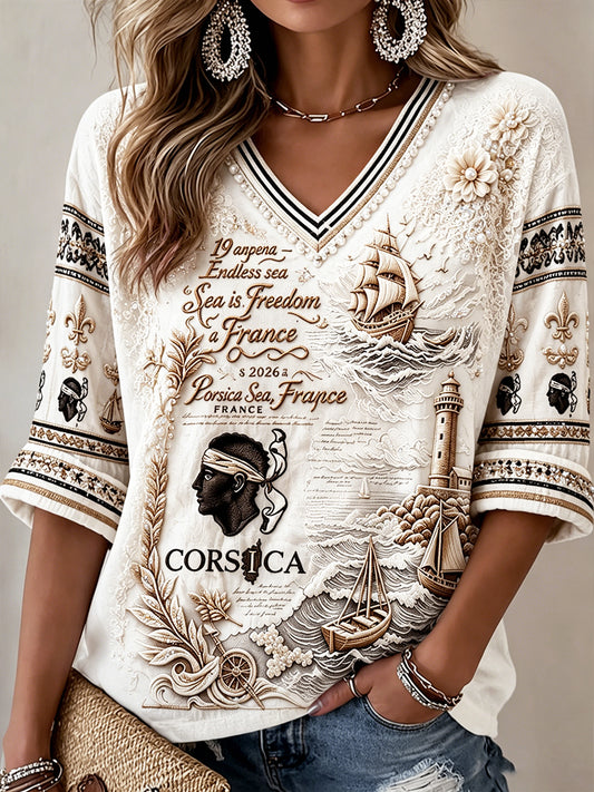 T-shirt à col en V décontracté à imprimé vintage corse français pour hommes