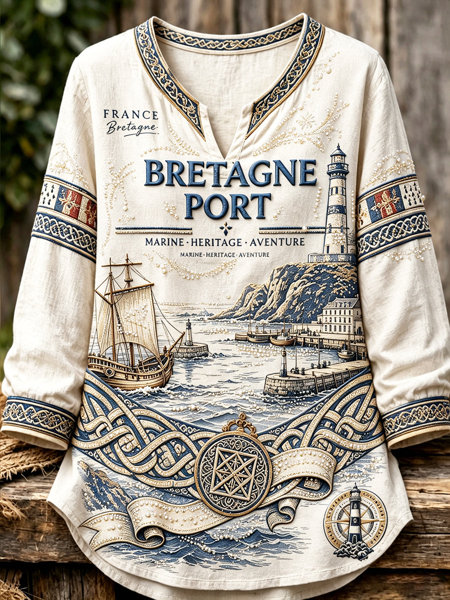 T-shirt à manches longues Femme Français Bretagne Marin Imprimé Col V Léger Coton-Lin
