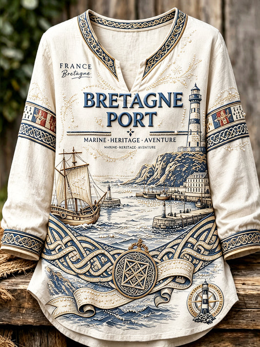 T-shirt à manches longues Femme Français Bretagne Marin Imprimé Col V Léger Coton-Lin