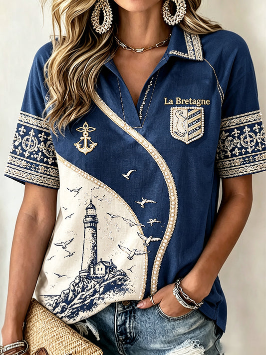 Polo Femme French Brittany Patchwork Imprimé Col V
