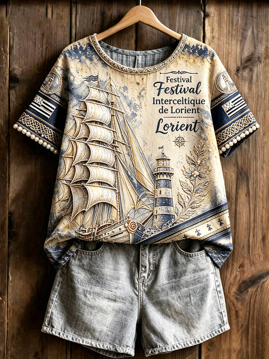 T-shirt léger en coton et lin pour femme Festival celtique de Lorient français imprimé nautique