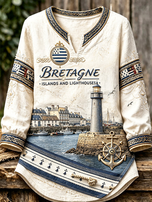 T-shirt à manches longues femme French Breton Harbour Print col V léger en coton et lin