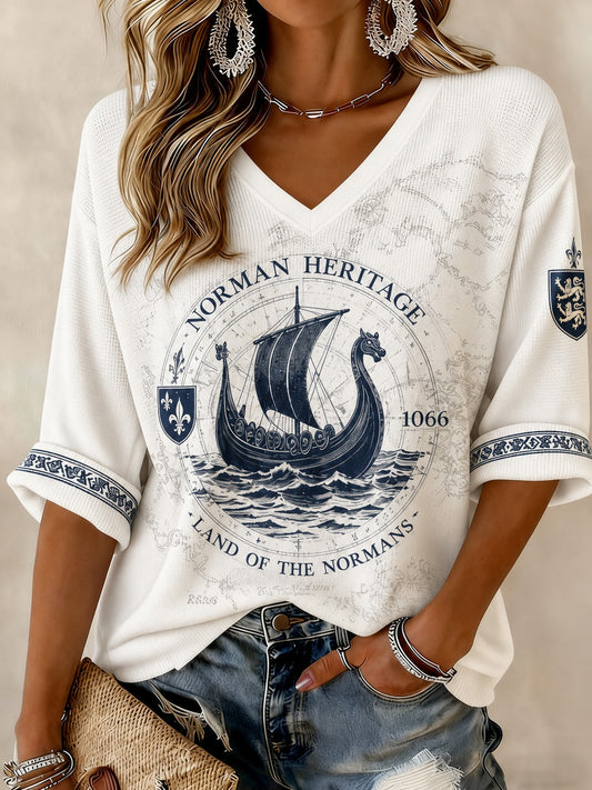 T-shirt femme à manches mi-longues et col en V, imprimé France Normandie